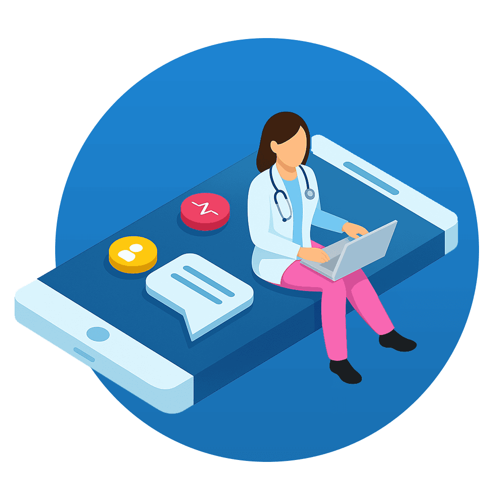 Profesional de salud en consulta en línea en una app médica moderna.